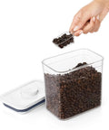 Clear Coffee Scoop For POP Storage Containers, 2 Tbsp 30 mL Capacity, measures coffee beans, fits under lid, in use