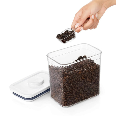Clear Coffee Scoop For POP Storage Containers, 2 Tbsp 30 mL Capacity, measures coffee beans, fits under lid, in use