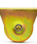 Badass Heavy Duty Galvanized 4 Inch V Groove Wheel with precision bearing, showing gold finish and flat bottom for easy installation.