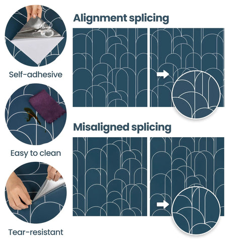 Blue Peel And Stick Geometric Wallpaper For Home Decor And Furniture Renovation Self Adhesive Matte Contact Paper 17.71 Inches By 118 Inches alignment guide and features