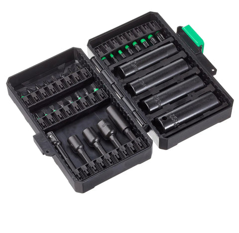 Impact Driver Bit Set 33-Piece With S2 Steel Bits, Nut Drivers and Sockets in magnetic case open