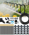 Outdoor Misting Cooling System Kit With 100 Ft Misting Line And 25 Brass 360 Degree Adjustable Nozzles setup on patio.