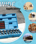 Open case of Pro Grade 25 Piece Screw Extractor Set With EZ Out Bolt Remover, shown with uses for stripped and stubborn screws.