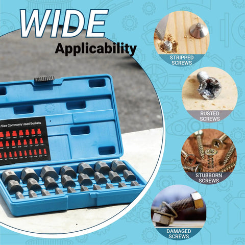Open case of Pro Grade 25 Piece Screw Extractor Set With EZ Out Bolt Remover, shown with uses for stripped and stubborn screws.
