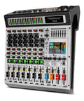 8 Channel Audio Mixer With MP3 Player USB Recording And Grouping 2 AUX Interfaces 99 DSP Effects For Pros And Beginners Ideal For Home Studio Live Rehearsal And Podcasting, shown from angled top view with controls and input jacks visible