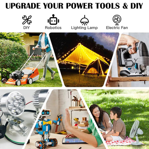 Collage showing power tools, DIY projects, and outdoor activities powered by Two Pack Battery Adapters Compatible With Makita 18V Batteries.