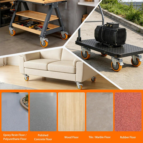 Top Shelf 4 Inch Caster Wheels With Brakes Set Of Four Heavy Duty Plate Casters on different floor types for versatile use.