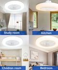 Enclosed Low Profile Ceiling Fan With Light And Bluetooth Speaker in various room settings