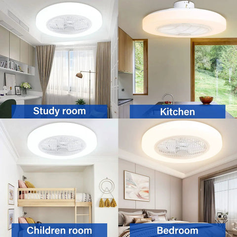 Enclosed Low Profile Ceiling Fan With Light And Bluetooth Speaker in various room settings