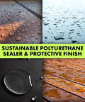 Rock Solid Polyurethane Floor Sealant For Hardwood And Exterior Decks Ultra Clear Gloss Water Based Non Toxic Varnish 5 Gallon Bucket showing water beads on various surfaces.