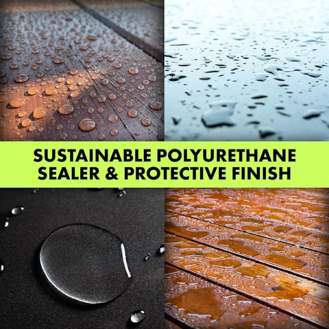 Rock Solid Polyurethane Floor Sealant For Hardwood And Exterior Decks Ultra Clear Gloss Water Based Non Toxic Varnish 5 Gallon Bucket showing water beads on various surfaces.