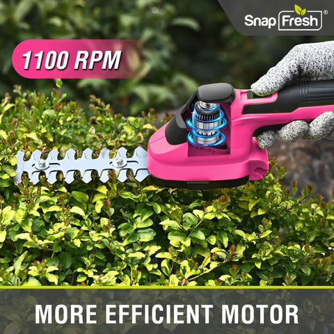 Slick Cordless Hedge Trimmer And Grass Shears 2 In 1 lightweight pink tool cutting through green bushes with efficient motor.