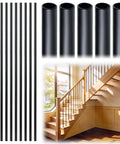 Round Wrought Iron Look Stair Balusters Heavy Duty Interior Exterior Deck Railing Spindles Built Tough For Home Projects 44 Inches Tall Sharp Satin Black Coating 15 Piece Package displayed next to wooden stairs.