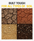 Garden auger drill bit collage showing four soil types: cracked brown soil, red soil, light gravel, and dark soil.