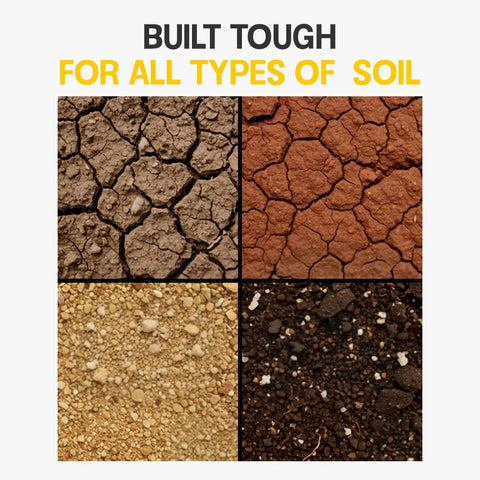 Garden auger drill bit collage showing four soil types: cracked brown soil, red soil, light gravel, and dark soil.