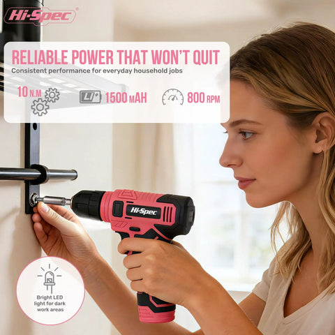 Pink 8V USB Rechargeable Power Drill Driver Kit For Women Cordless Lightweight Electric Drill in use on a wall bracket.