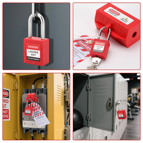 Lockout Tagout Kit 48 Piece OSHA Compliant Safety Gear with padlocks and tags on industrial equipment for safe maintenance.