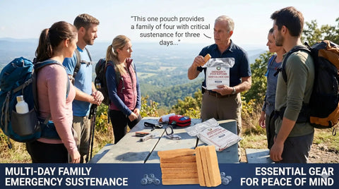 Group outdoors discussing Survival Food Ration Kit With 3600 Cal Blueberry Bar For 3 Day Prepper Ready Emergency