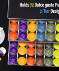 Two Tier Coffee Pod Drawer Organizer For Office And Kitchen, 72 Pod Capacity, Compatible With Dolce Gusto, with pods displayed