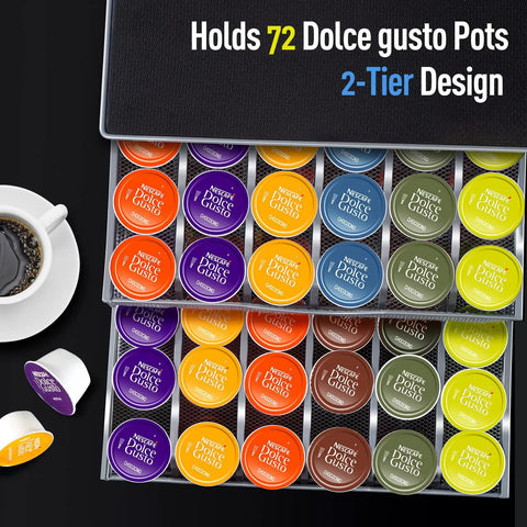 Two Tier Coffee Pod Drawer Organizer For Office And Kitchen, 72 Pod Capacity, Compatible With Dolce Gusto, with pods displayed