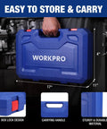Person holding WorkPro carry case for 9 Way Slide Hammer Puller Set With 27 Piece Kit Heavy Duty Wheel Bearing Removal Tool, blue color.