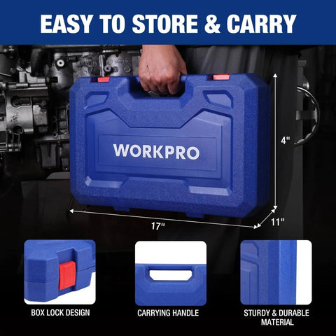 Person holding WorkPro carry case for 9 Way Slide Hammer Puller Set With 27 Piece Kit Heavy Duty Wheel Bearing Removal Tool, blue color.