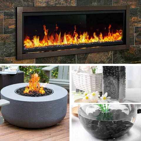 10Lb Black Reflective Fire Pit Glass Rocks For Propane Fire Pit Landscaping, Round Luminescent Glass Beads To Boost Heat And Create Enchanting Backyard Glow, Premium Tempered Fire Glass For Outdoor Living And Easy Heat Boost in modern fire pits and decor.