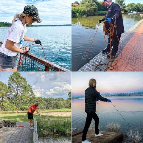 MUTUACTOR magnet fishing kit with 2.36-inch heavy-duty neodymium magnet and 20 m rope, used by four people along lakes.