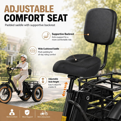 Folding Three Wheel Electric Trike For Adults 750W 48V Fat Tire 25MPH with adjustable comfort seat and backrest