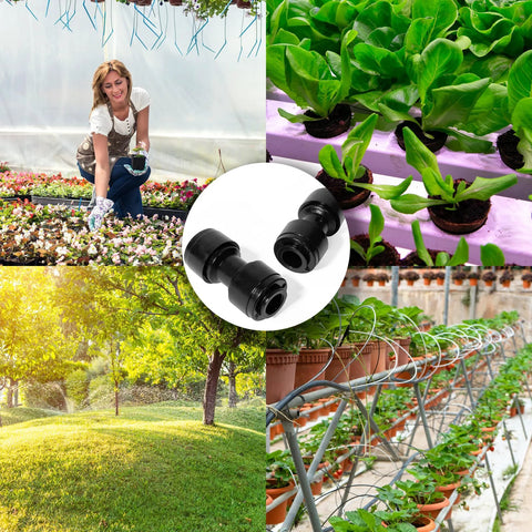 Close-up of Amazon 30-pack 1/4 in drip irrigation straight quick-connect fittings, black plastic for 1/4 in tubing