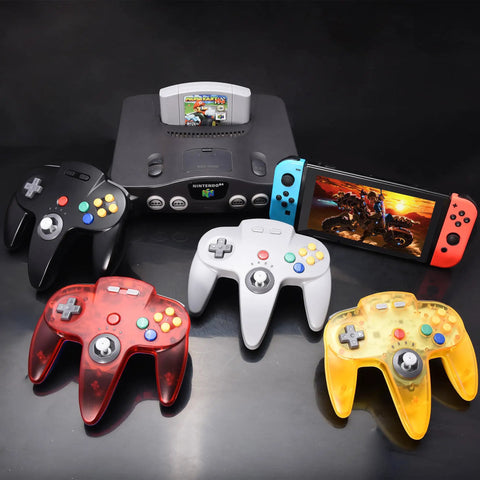 Two Pack Wireless N64 Controller For Switch 1 And 2 And N64 Console Clear Yellow Red showcased with consoles and accessories