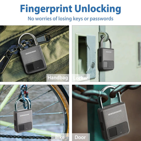 0.5 Second No Key Needed Fingerprint Padlock With USB Rechargeable Battery Biometric Lock on bag, locker, bike, and door