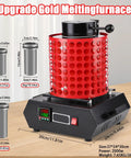 1800W Electric Gold Melting Furnace with Graphite Crucible reaches 1100 degrees, compact design on a table, dimensions and weight shown.