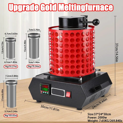1800W Electric Gold Melting Furnace with Graphite Crucible reaches 1100 degrees, compact design on a table, dimensions and weight shown.