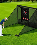 Golfer practicing with Indoor Outdoor Golf Practice Net 10x7ft With Target Mat And Chipping Cage Backyard Driving Range