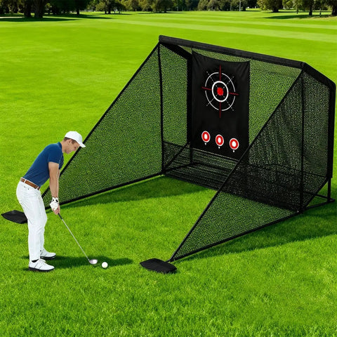 Golfer practicing with Indoor Outdoor Golf Practice Net 10x7ft With Target Mat And Chipping Cage Backyard Driving Range