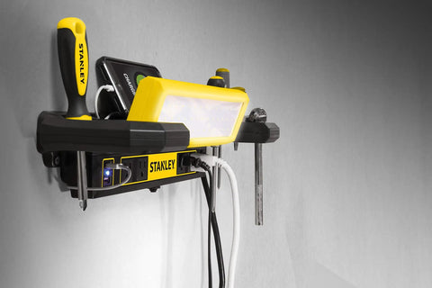 Adjustable 45 COB LED Workbench Light with 1000 lumens, built-in AC outlets, USB ports, tool storage, mounted on a wall
