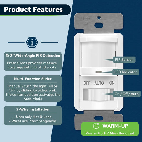 Product features of Motion Sensor Light Switch With Auto On Auto Off Occupancy Sensor For 150W LED And CFL Lighting.