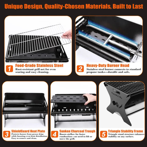 Portable Camping Grill Foldable Charcoal And Gas BBQ with stainless steel grate, heavy-duty burner, and stability frame
