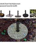 Ultra Sturdy Heavy Duty Granite Umbrella Stand For Outdoor Tables And DIY Projects Adjustable Post Clamp Fits One Point Three To Two Inches Stone Base Holder For Cement And Granite Boards visible with clamp on stone surface.