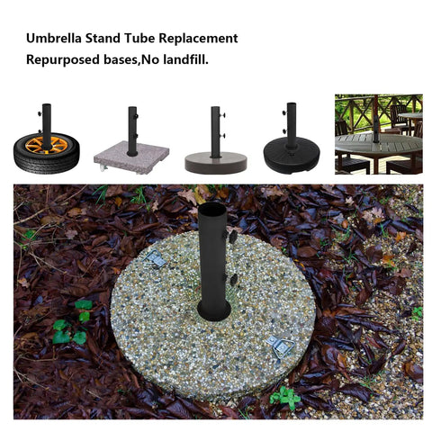 Ultra Sturdy Heavy Duty Granite Umbrella Stand For Outdoor Tables And DIY Projects Adjustable Post Clamp Fits One Point Three To Two Inches Stone Base Holder For Cement And Granite Boards visible with clamp on stone surface.