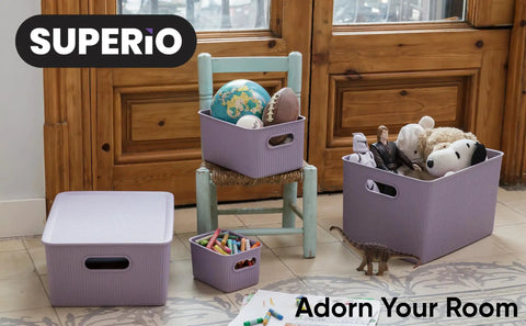 Level Up Your Nest With These Dope Ribbed Plastic Storage Bins A Set Of Eight Spacious Open Baskets for organizing toys and supplies.