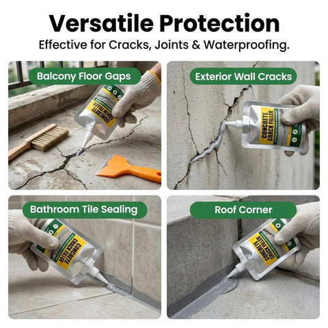 Self Leveling Concrete Crack Filler And Waterproof Sealant Dead Simple Fixin Up Driveway Cracks Masonry Patch Kit in use on various surfaces.