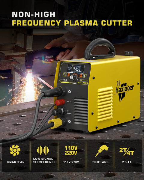 HXC400D Plasma Cutter 110/220V Dual Voltage 40A Non High Frequency Non Touch Pilot Arc with LED Display in workshop setting