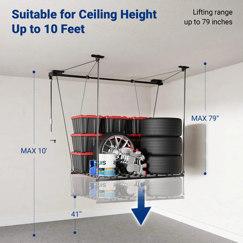 Heavy Duty Overhead Garage Storage Rack 4X4 Ft Ceiling Hoist System Adjustable Metal Organizer Holds Up To 350 Pounds Legit Garage Storage Flex Setup Black