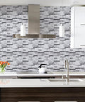 Modern kitchen with 10 sheet peel and stick tile backsplash in grey 12x12 premium kitchen tiles with upgraded strong adhesive
