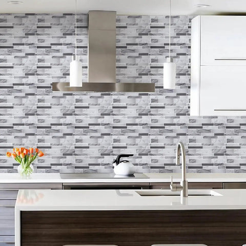 Modern kitchen with 10 sheet peel and stick tile backsplash in grey 12x12 premium kitchen tiles with upgraded strong adhesive