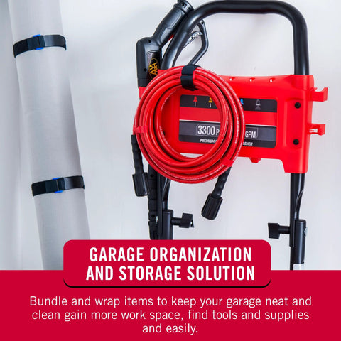 Garage with red pressure washer, coiled hose, and 30 Inch Elastic Straps Four Pack For Yoga Mats Outdoor Gear Tarps Umbrellas Wood Poles.