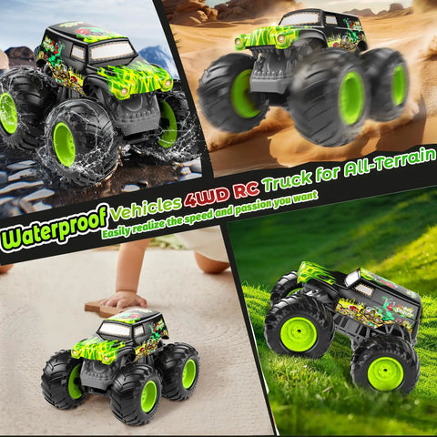 Collage of Amphibious RC Monster Truck With Self Balancing Wheelies For Kids 4WD All Terrain Waterproof Off Road Big Tire Toy Car