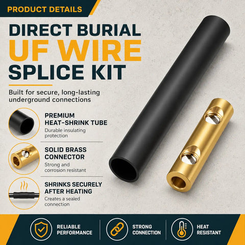 Hot Wire Underground Splice Kit With Heat Shrink Tubes Fixes 14-8 AWG UF Cable Directly Burial Rated Safe At 600V For Outdoor And Landscape Lighting Repair Jobs Done Right, black tube and brass connector